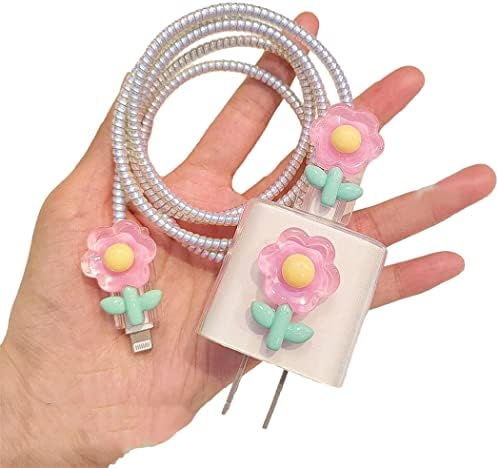 ZOSTLAND 5 in 1 DIY 18W 20W Heart Shape Protector Data Cable USB Charger Line Earphone Wire Saver Organizer Compatible with iPhone 11 12 13 14 15 Pro Max (Flower Pink)