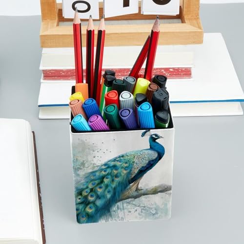 Peacock Pen Holder for Desk Decor, Rectangular PVC Leather Pencil Cup for Desk Pen Organizer, Makeup Brush Holder for School, Home, Office