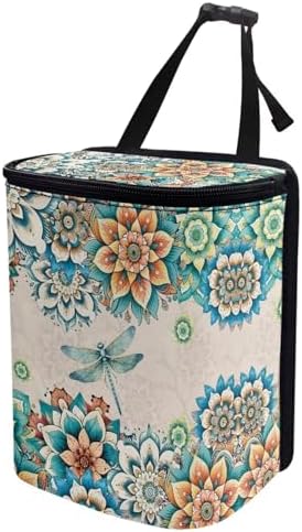 DISNIMO Boho Floral Dragonfly Car Trash Can, Car Garbage Bag Bin with Lid Hanging Waterproof Leak-Proof for Car Accessories Automotive Vehicle