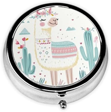 Pill Box 3 Compartment Medicine Pill Case for Pocket or Purse Mini Metal Pillcase Cute Hand Drawn Llama Pill Holder Vitamin Organizer Portable Travel Pills Container to Hold Supplements Vitamins