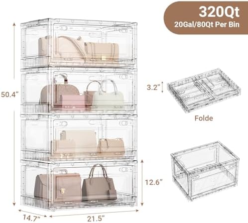 BROVIEW 320Qt Stackable Storage Bins with Lids Wheels, XL Clear Plastic Drawers Foldable Closet Organizers and Storage Cabinet Display Box Shelves with Front & Back Doors, for Home Office Garage,4Pack