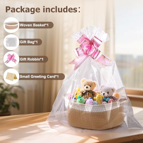 Small Woven Basket, 12" x 8" x 5" Gift Basket Empty with Ribbon and Gift Bag, Rope Basket for Baby Shower, Holiday Presents,Storage Basket with Handle for Nursery,Pet Toy Basket (White-Kaki)