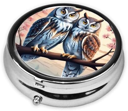 Couple Owl Perch Tree Printed Pill Organizer,Round Travel Pill Organizer Mini Medicine Pill Box for Purse Iron Plating