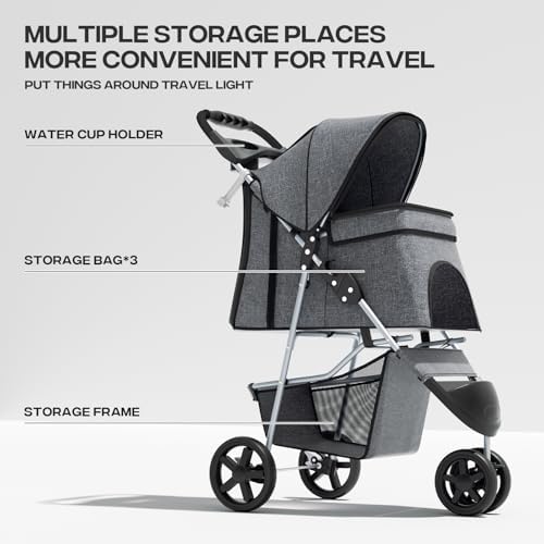 Foldable 3-Wheel Pet Stroller for Small/Medium Dogs & Cats, Grey | Storage Basket & Cup Holder, Breathable Mesh Cover, Lightweight and Durable, for Small to Medium Pets, up to 33 lbs