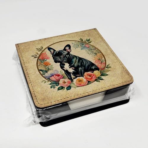 Caroline's Treasures Black French Bulldog and Flowers PU Leather Note Paper Holder with Artist-Designed Cover, Desk Accessory, Office Gift