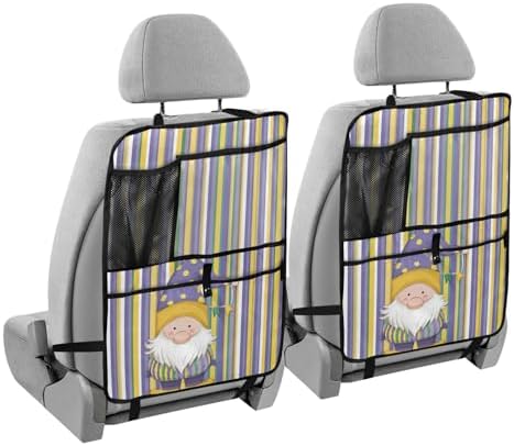 2 Pack Back Seat Car Organizer with Storage Pockets Kick Mats Back Seat Protector Hanging Car Organizer Automotive Seat Back Cover Organizers Stripe Mardi Gras Gnome