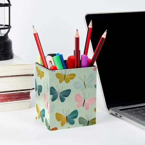 Butterflies Pen Holder for Desk Decor, Rectangular PVC Leather Pencil Cup for Desk Pen Organizer, Makeup Brush Holder for School, Home, Office
