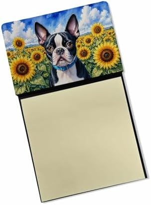 Caroline's Treasures Boston Terrier in Sunflowers Watercolor Sticky Note Holder Refillable Dispenser Desk Accessory 3x3 Pad Gift