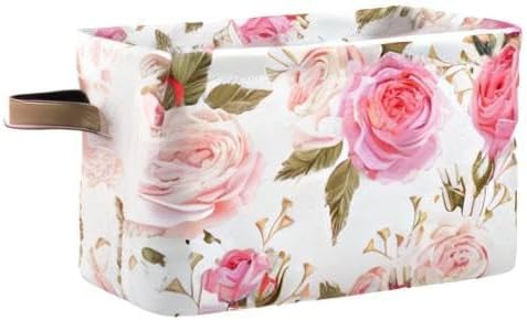 susiyo Large Foldable Storage Bin Floral Pink Roses Fabric Storage Baskets Collapsible Decorative Baskets Organizing Basket Bin with PU Handles for Shelves Home Closet Bedroom Living Room-1Pack