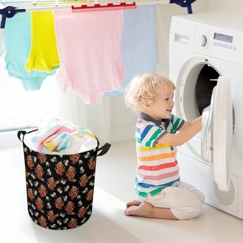 Waterproof Laundry Hamper with Handles Floral Chinese Japanese Dragon Flower, Collapsible Basket for Clothing, Toy, and Towel Organization in Home and Nursery