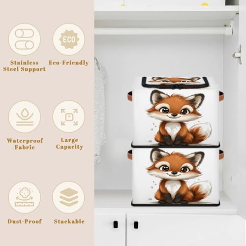 Wild Animals Fox Storage Bins with Zipper Lid Foldable Fabric Organizer Box with Handles Rectangular Closet Clothes Organizer Containers