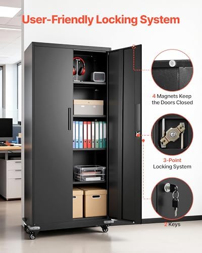 VEVOR Metal Storage Cabinet, 72.6 in Rolling Steel Garage Cabinet with 4 Adjustable Shelves, 2 Magnetic Doors & 2 Keys, 5 Tiers Lockable Tool Storage for Pantry, Warehouse, Basement, Office, Black