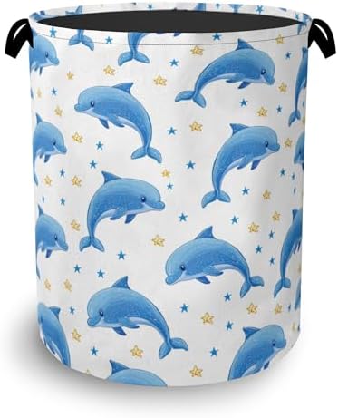 Cute Dolphins Laundry Basket,Stars Foldable Oxford Cloth Tote Bag Laundry Hamper Clothes Storage Bucket Organizer for Bedroom Laundry Storage Dormitories 16" x 20.8"
