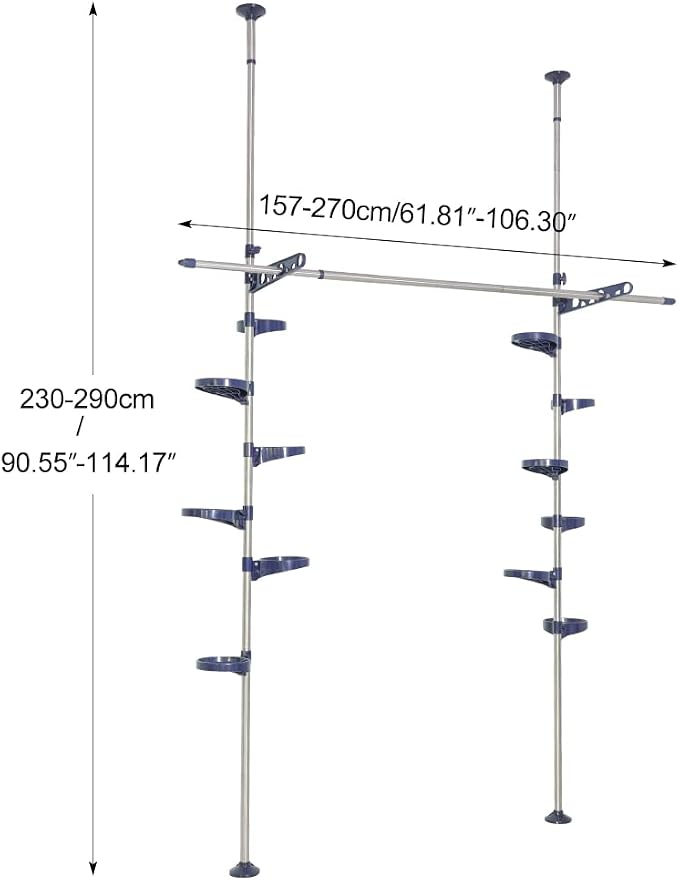 Plant Stand Floor to Ceiling-12 Trays Flower Pot Holder Tension Rod | Indoor Telescopic Navy Blue Display Rack with 2 Hooks & Drying Rod | Adjustable Storage Organizer for Home Garden Decor