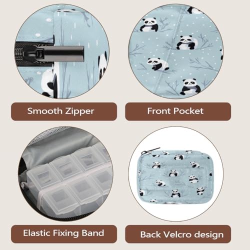 Weekly Pill Organizer Travel Size Bag with Removable 7 Day Pill Box Portable Vitamin Case Purse with Zipper,Panda On Branch Snowy