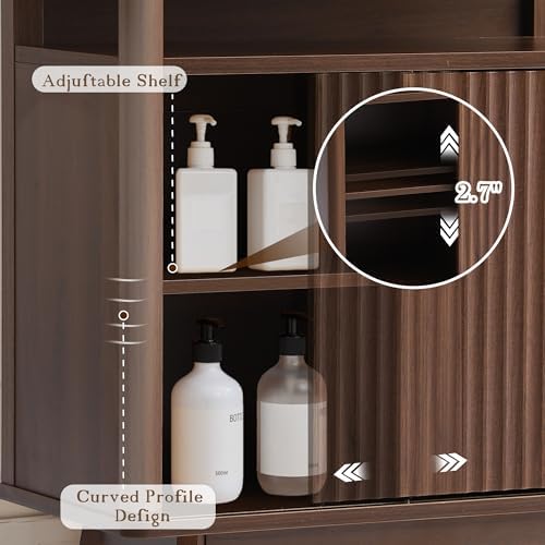 Grepatio Bathroom Floor Cabinet, Fluted Storage Cabinet with Sliding Door & 3 Drawers, Freestanding Cabinets Organizer Storage w/Adjustable Shelf, Faux Marble Top for Bathroom, Kitchen (Brown)