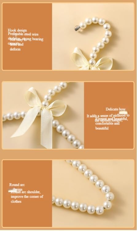 2 PCS Pearl Beaded Hangers for Kids Plastic Baby Clothes Hangers with Bow Non Slip Toddler Nursery Closet Organizer for Girls Dresses and Dog Pet Apparel Pearl Hangers for Women (Gold, 25)