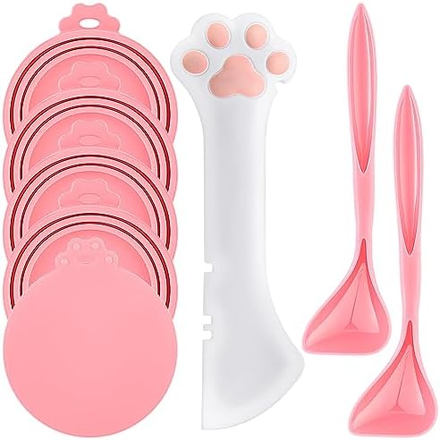 Uiifan 8 Pcs Cat Food Can Covers Lids Set, Silicone Pet Food Can Lids with Multi-Function Cat Foods Spoon and Opener, Silicone Wet Foods Spoon for Cats and Dogs(Pink)