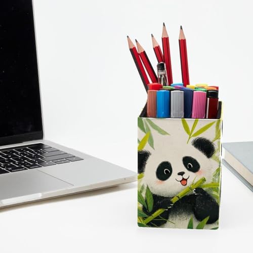Panda Pen Holder for Desk Decor, Rectangular PVC Leather Pencil Cup for Desk Pen Organizer, Makeup Brush Holder for School, Home, Office