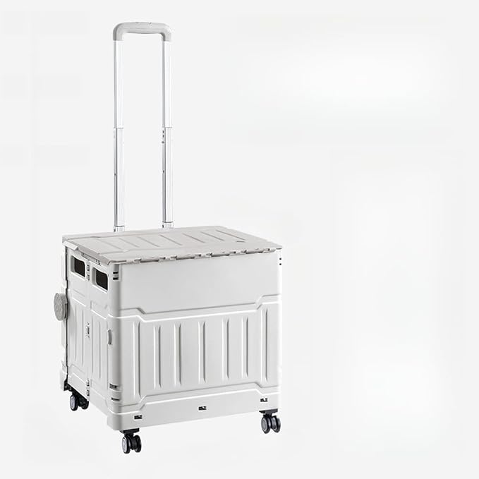 Collapsible Shopping Box Trolley on Wheels with Lid,75L Large Capacity Folding Portable Rolling Crate Handcart with Telescopic Handle for Camping (Grey,Four Wheel Large)