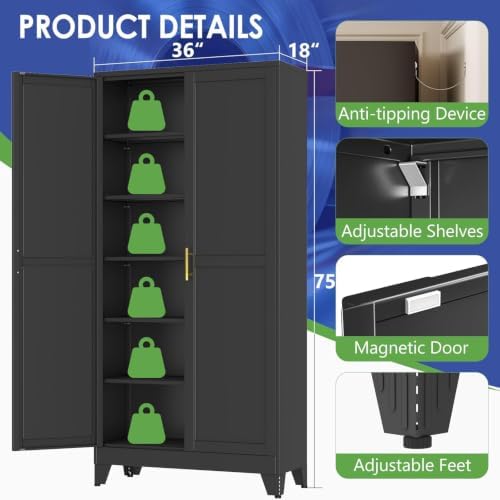 75" Metal Garage Storage Cabinet with 2 Doors and 5 Adjustable Shelves,Metal Storage Cabinets,Steel Tool Cabinets for Home,Office,Garage,Warehouse (Black, 75''H x 36''W x 18''D)