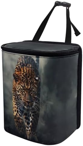 DISNIMO Cool Cheetah Car Trash Can Car Accessories Organizer Garbage Bag Dustbin Container with Zipper Lid Waste Basket Storage Pockets Hanging Vehicle Trash Bin