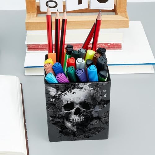 Black Skull Pen Holder for Desk Decor, Rectangular PVC Leather Pencil Cup for Desk Pen Organizer, Makeup Brush Holder for School, Home, Office