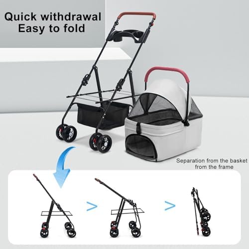 Foldable Pet Stroller with Weather Cover, Pet Strolling Cart with 4 Caster, Storage Basket and Cup Holder, Portable Jogger for Dogs & Cats Grey 1 Set