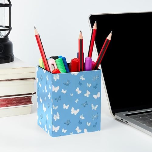 Butterflies Pen Holder for Desk Decor, Rectangular PVC Leather Pencil Cup for Desk Pen Organizer, Makeup Brush Holder for School, Home, Office