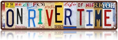 On River Time Street Sign, Vintage Tin Sign, Wall Decor For Home Farmhouse Bar Cafe Garage, Indoor Outdoor Decoration For River Cabin Lake House Summer Holiday Gift 16x4 Inch