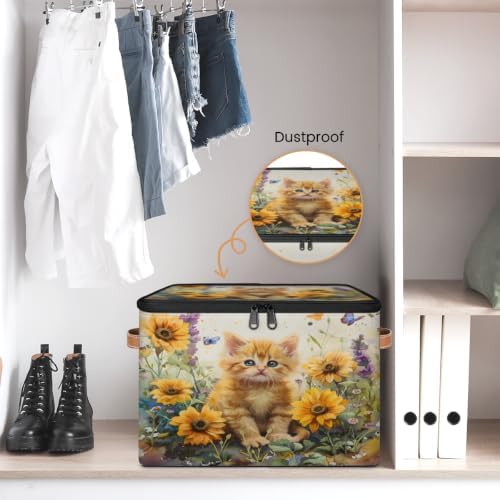 Cat Floral Storage Box with Zipper Lid | Collapsible, Fabric, Storage Bin, Handle, Large, Closet Organizer, Containers, Bedroom, Home, Yellow Sunflower