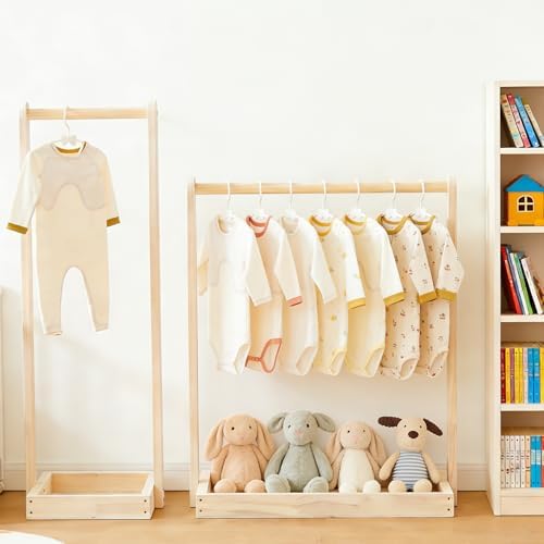 Baby Clothing Rack for Baby Shower, Pets Clothes Rack with Storage Box & Hanging Rod for Dogs Cats Dolls Clothes Display, Mini Baby Shower Crate Closet Rack (Natural)