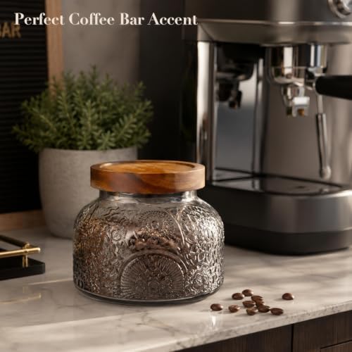 Decorative Grey Embossed Glass Jar with Airtight Wooden Lid, 25.4 fl. oz | Wide mouth vintage storage canister, kitchen pantry bathroom organization, coffee sugar tea cookie candy candle vase gift