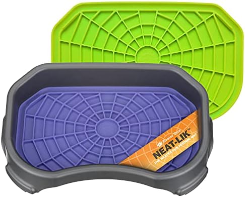 Neater Pets Neat-LIK Dog Lick Mat w/Mess-Proof Tray, Lick Mat for Dogs, Cats, Puppy, Reduces Anxiety & Boredom, Peanut Butter Slow Feeder, Interactive Treat Licking Pad (Purple & Green/Gunmetal)