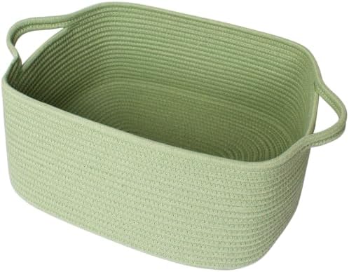 Large Green Woven Basket, 16.5" x 12.5" x 7" Empty Gift Basket, Big Cotton Rope Storage Bin for Gifts, Clothes, Towels, Books, Dog Toy Bin Box, Baby Nursery Organizer, Sage Green Room Decor