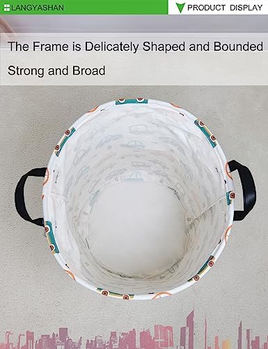 Round Laundry Basket Collapsible Storage Hamper with Car Print | Waterproof Canvas Foldable Baskets with sturdy Handles Multi-scene Organizer for Home Play Bedroom Gift Bin