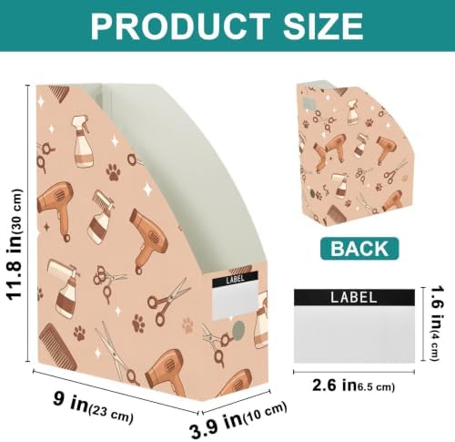 SPRIPORT Pet Paw Brown Print Water Resistant PP Magazine File Holder Organizer for Desk, Foldable Storage Rack for Library School Office Document Sorter with Labels 23x30x10cm (3 Pack)