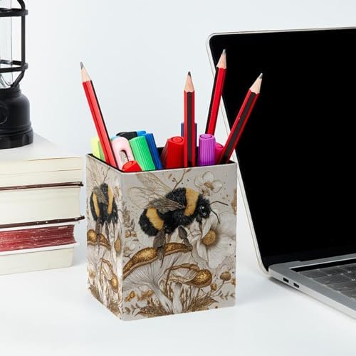 Bee and Mushroom Pen Holder for Desk Decor, Rectangular PVC Leather Pencil Cup for Desk Pen Organizer, Makeup Brush Holder for School, Home, Office