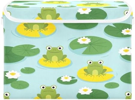 Storage Bins with Lids Frogs on Lily Pads Foldable Storage Boxes with Handles Cute Large Storage Basket Collapsible Organizer Containers for Closet Home Bedroom Office