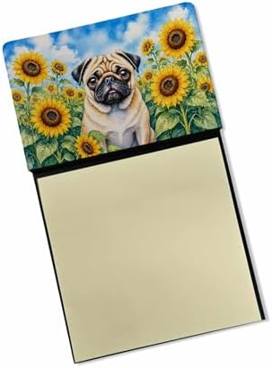 Caroline's Treasures Pug in Sunflowers Watercolor Sticky Note Holder Refillable Dispenser Desk Accessory 3x3 Pad Gift