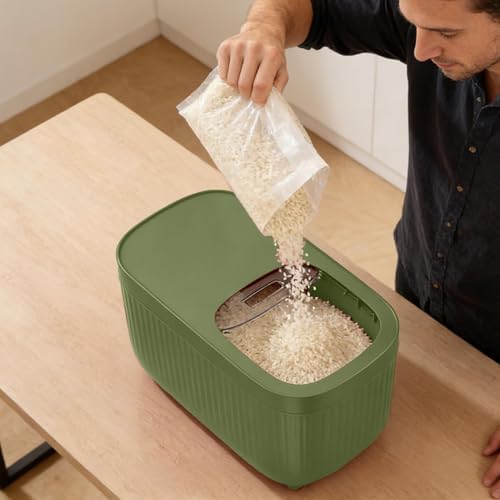 Airtight Rice Storage Container, Dry Food Dispenser with Transparent Sealed Lid for Kitchen Pantry Organization for Storing Rice, Cereal, Flour, Pet Food and Other Dry Ingredients (Green, M)