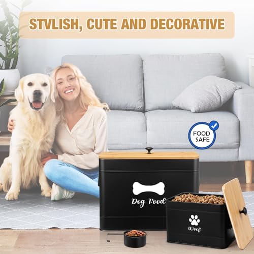 Newtay 2Pcs Extra Large Metal Dog Food Containers Airtight 12 & 3.5 Lbs Dog Treat Snack Jars Set of 2 with Bamboo Lids and Spoons Farmhouse Big Pet Cookie Storage Jars for Kitchen Counter Gift(Black)