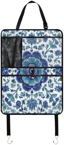 1 Pack Back Seat Car Organizer with Storage Pockets Kick Mats Back Seat Protector Hanging Car Organizer Automotive Seat Back Cover Organizers Floral Blue and White Vine