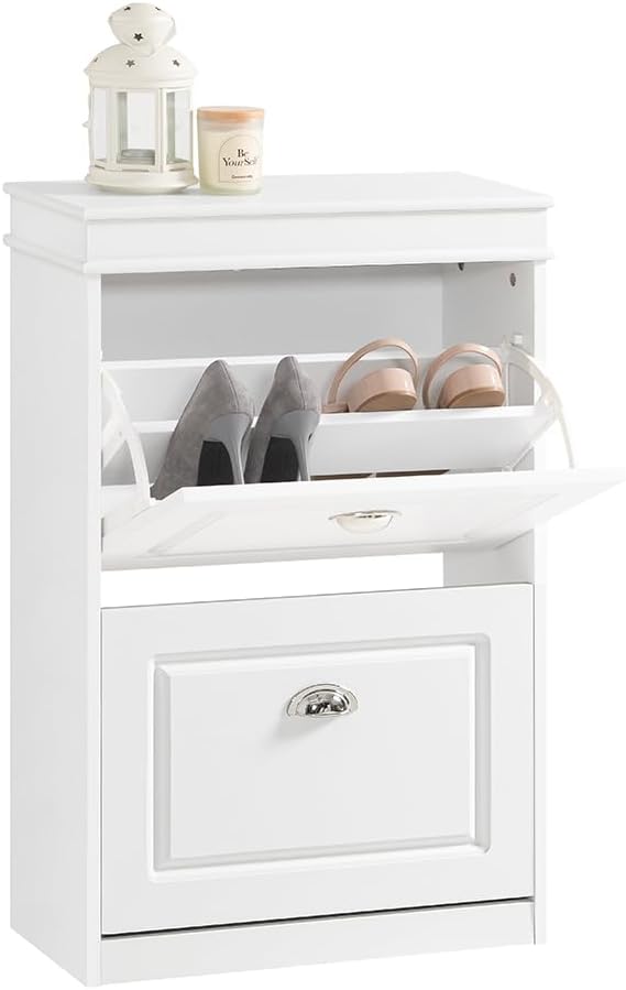 Haotian Small Shoe Cabinet | Two Flip Drawers Freestanding Shoe Rack, Shoe Storage Cupboard Organizer, FSR78-W