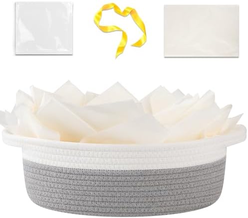 OIAHOMY Gift Basket Empty with Handle, 12"x 8"x 5" Small Woven Basket with Gift Bag, Ribbon and Wrap Tissue Paper, Dog Toy Storage for Organizing - Grey & White