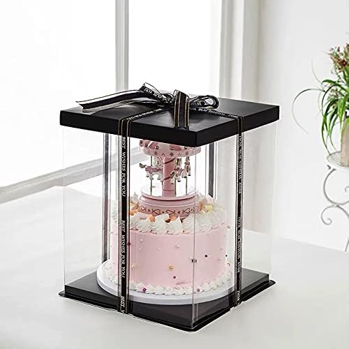 XININSUN 2Pcs Large Cake PET Clear Box, 10" X 10" X 9" with ribbon and pre-folded lid, for 8" cake packing carry, baking cookie display, Carry Tall Layer Gift, Festive Gift Box -Black | pre-folded lid, for 8" cake carrier, Carry Tall Layer Gift, Festiv...
