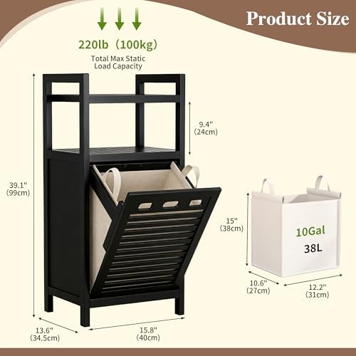 VASMIA Tilt Out Laundry Hamper,Bamboo Laundry Storage Cabinet with Shelf,10 Gal Hidden Laundry Basket Organizer for Bathroom,Laundry Room,Black