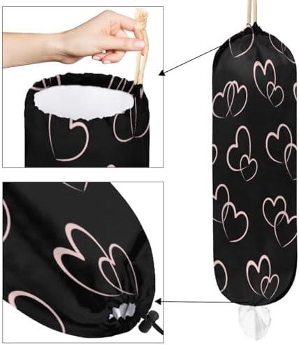 Pardick Plastic Bag Holder Black Heart Wall Mount Grocery Bag Holder Wasgable Plastic Bag Dispenser Garbage Bag Organizer for Home Kitchen Decor, Gifts for Women Mom Family Friends