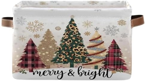 Christmas Tree Golden Leopard Storage Basket with Waterproof Liner and PU Handles Winter Cheetah Snowflake Storage Boxes 14.2" Collapsible Decorative Organizer Baskets for Bedroom Closet Office 1 Pack