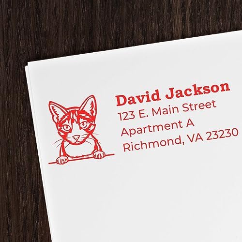 Peeking Aegean Cat Self-Inking Address Stamp - Clear Impressions | Address Stamp for Aegean Cat Moms. Choice of 11 ink colors. Customised Address Stamp for Veterinary Offices. 4 lines.
